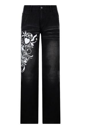 Style Core Aesthetics, New Style Trends - Jean imprimé cœur délavé vintage