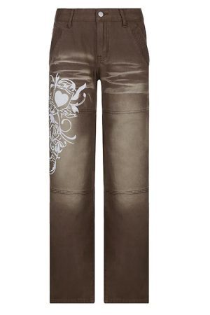 Style Core Aesthetics, New Style Trends - Jean imprimé cœur délavé vintage