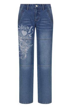 Style Core Aesthetics, New Style Trends - Jean imprimé cœur délavé vintage