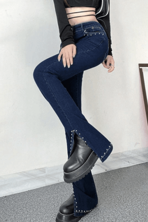 Style Core Aesthetics, New Style Trends - Jean évasé fendu avec perles Y2K