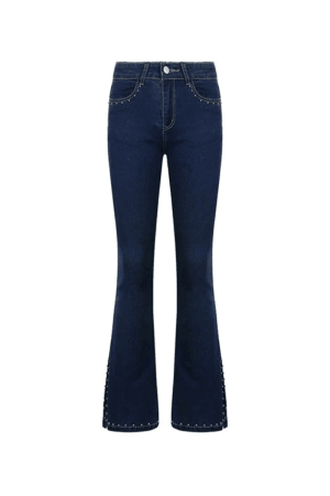 Style Core Aesthetics, New Style Trends - Jean évasé fendu avec perles Y2K