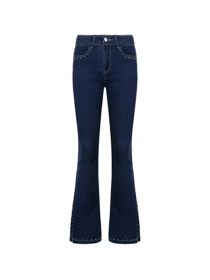 Style Core Aesthetics, New Style Trends - Jean évasé fendu avec perles Y2K Style Core Aesthetics, New Style Trends - Jean évasé fendu avec perles Y2K