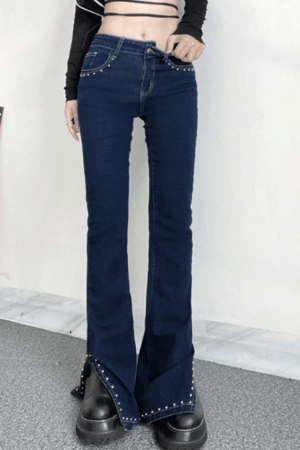 Style Core Aesthetics, New Style Trends - Jean évasé fendu avec perles Y2K