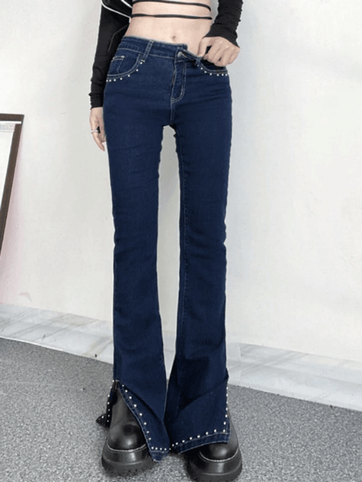 Style Core Aesthetics, New Style Trends - Jean évasé fendu avec perles Y2K Style Core Aesthetics, New Style Trends - Jean évasé fendu avec perles Y2K