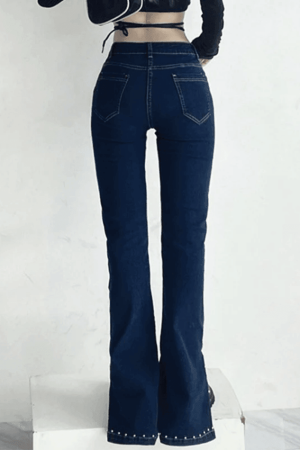 Style Core Aesthetics, New Style Trends - Jean évasé fendu avec perles Y2K