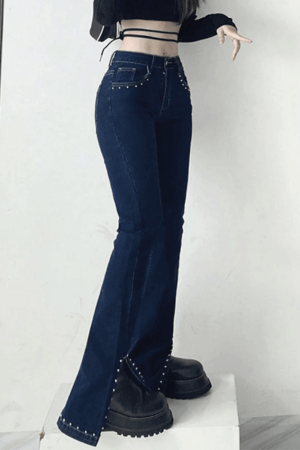 Style Core Aesthetics, New Style Trends - Jean évasé fendu avec perles Y2K