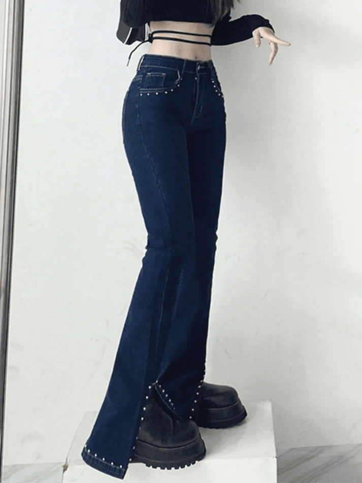 Style Core Aesthetics, New Style Trends - Jean évasé fendu avec perles Y2K Style Core Aesthetics, New Style Trends - Jean évasé fendu avec perles Y2K