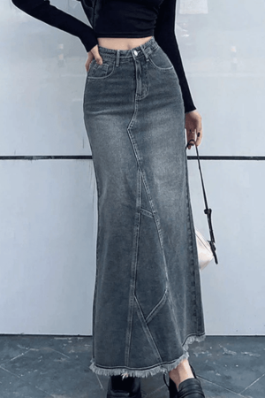 Style Core Aesthetics, New Style Trends - Jupe longue en jean patchwork fendue au dos