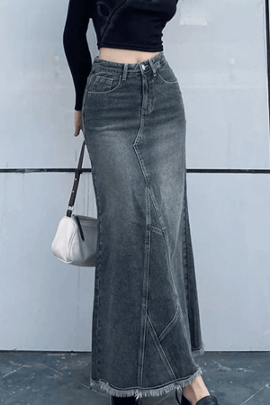 Style Core Aesthetics, New Style Trends - Jupe longue en jean patchwork fendue au dos