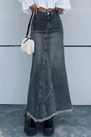 Style Core Aesthetics, New Style Trends - Jupe longue en jean patchwork fendue au dos