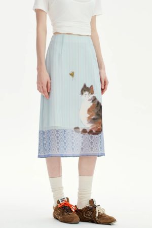 Style Core Aesthetics, New Style Trends - Jupe mi-longue Chat Style Soft Girl