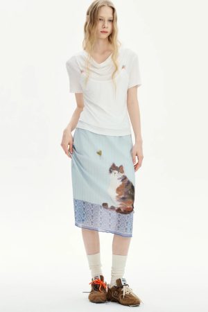 Style Core Aesthetics, New Style Trends - Jupe mi-longue Chat Style Soft Girl