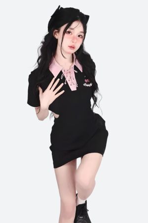 Style Core Aesthetics, New Style Trends - Kawaii Cherry Cut Out Mini Polo Dress