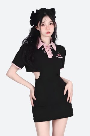 Style Core Aesthetics, New Style Trends - Kawaii Cherry Cut Out Mini Polo Dress