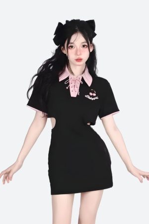 Style Core Aesthetics, New Style Trends - Kawaii Cherry Cut Out Mini Polo Dress