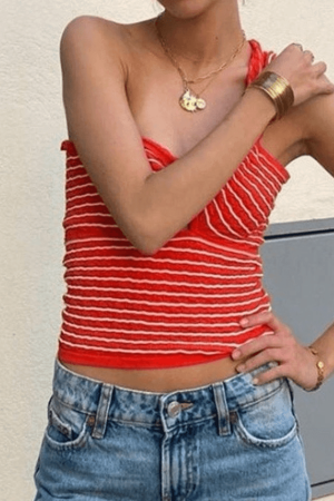 Style Core Aesthetics, New Style Trends - Knitted Stripe One Shoulder Tank Top