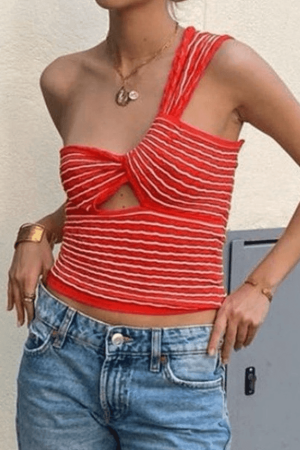 Style Core Aesthetics, New Style Trends - Knitted Stripe One Shoulder Tank Top