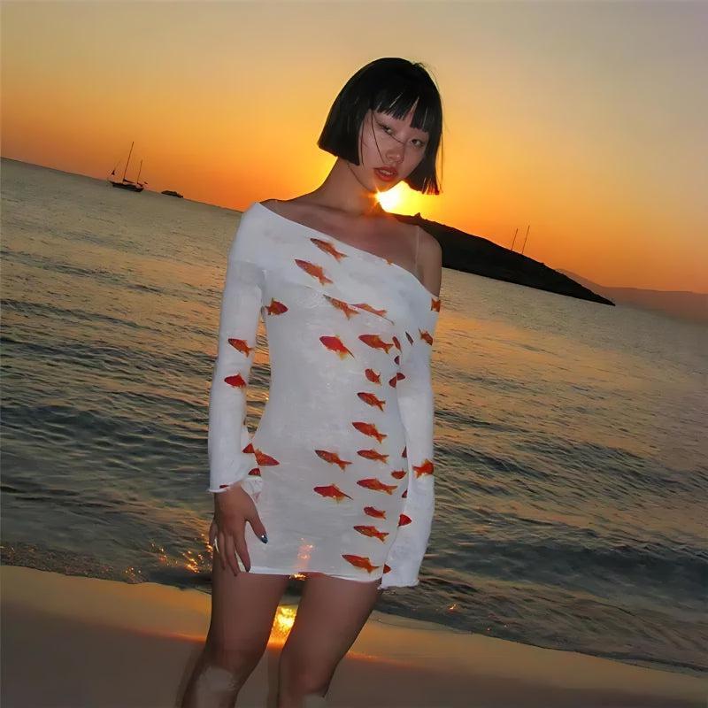Style Core Aesthetics, New Style Trends - Koi Fish Printed Mesh Mini Dress