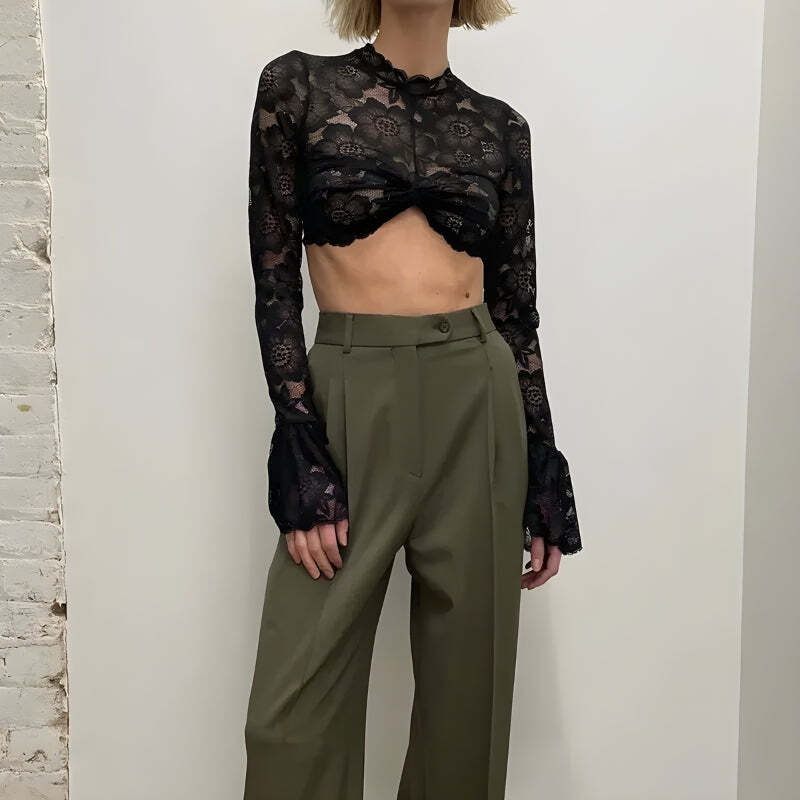 Style Core Aesthetics, New Style Trends - Lace Flare Cuffs Crop Top Style Core Aesthetics, New Style Trends - Lace Flare Cuffs Crop Top