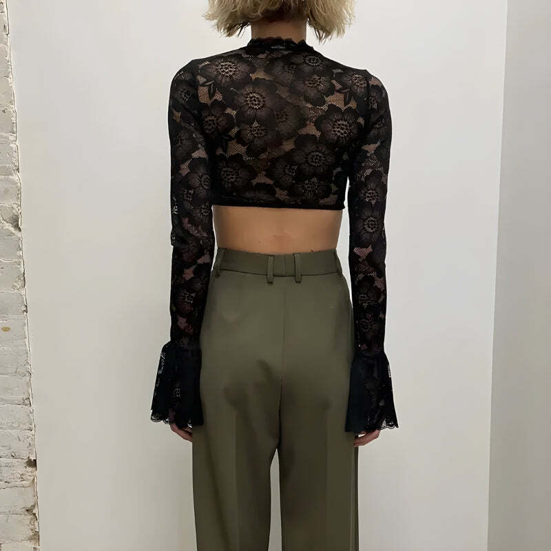 Style Core Aesthetics, New Style Trends - Lace Flare Cuffs Crop Top Style Core Aesthetics, New Style Trends - Lace Flare Cuffs Crop Top