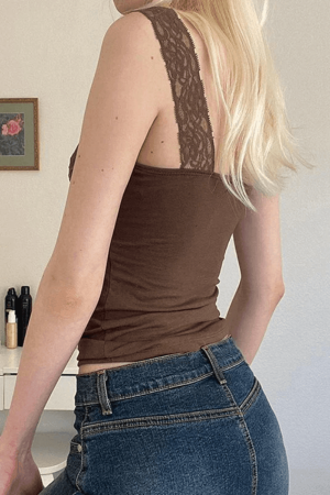 Style Core Aesthetics, New Style Trends - Lace Paneled Brown Tank Top