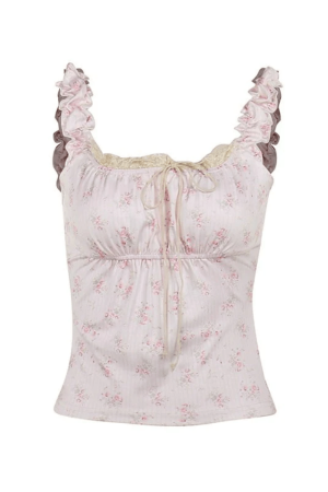 Style Core Aesthetics, New Style Trends - Lace Paneled Floral Cropped Tank Top