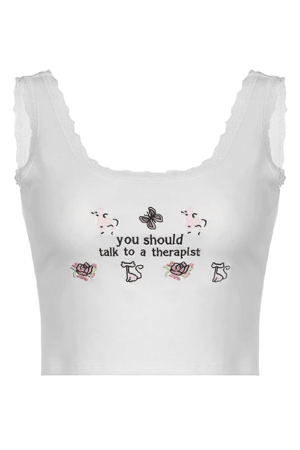 Style Core Aesthetics, New Style Trends - Lace Patch Embroidery Cropped Tank Top