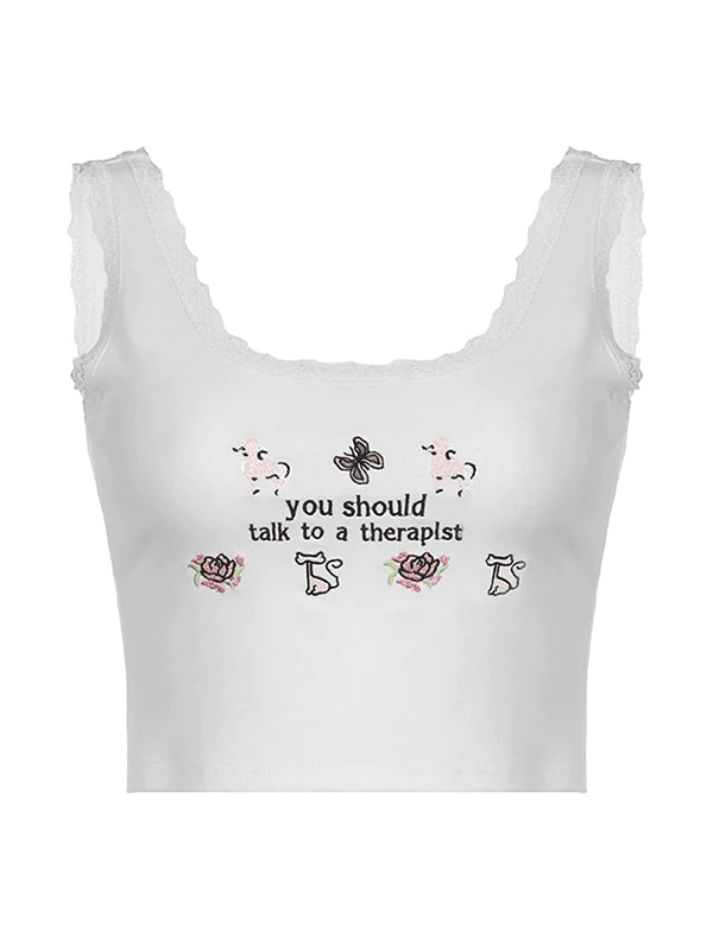 Style Core Aesthetics, New Style Trends - Lace Patch Embroidery Cropped Tank Top Style Core Aesthetics, New Style Trends - Lace Patch Embroidery Cropped Tank Top
