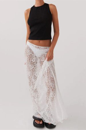 Style Core Aesthetics, New Style Trends - Lace Sheer Low Rise Maxi Skirt