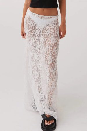 Style Core Aesthetics, New Style Trends - Lace Sheer Low Rise Maxi Skirt