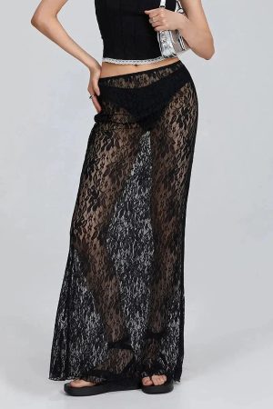 Style Core Aesthetics, New Style Trends - Lace Sheer Low Rise Maxi Skirt
