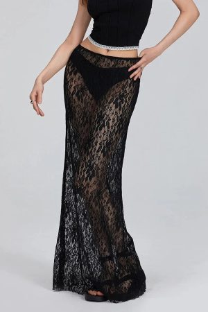 Style Core Aesthetics, New Style Trends - Lace Sheer Low Rise Maxi Skirt
