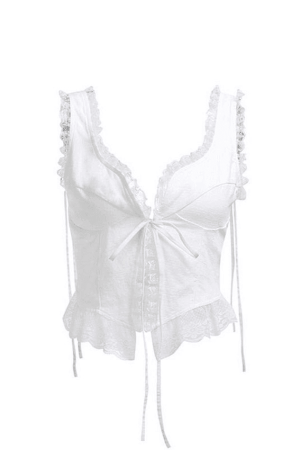 Style Core Aesthetics, New Style Trends - Lace Trim Ruffle Crop Tank Top