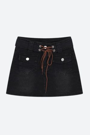 Style Core Aesthetics, New Style Trends - Lace Up Belted Denim Mini Skort