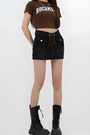 Style Core Aesthetics, New Style Trends - Lace Up Belted Denim Mini Skort