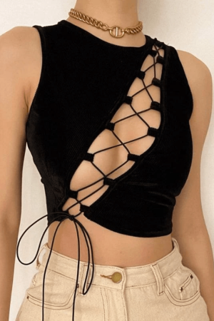 Style Core Aesthetics, New Style Trends - Lace Up Cutout Crop Tank Top