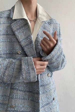 Style Core Aesthetics, New Style Trends - Lapel Collar Blue Tweed Blazer