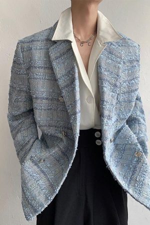 Style Core Aesthetics, New Style Trends - Lapel Collar Blue Tweed Blazer