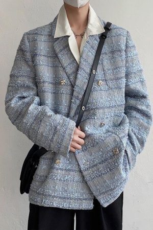 Style Core Aesthetics, New Style Trends - Lapel Collar Blue Tweed Blazer