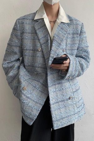 Style Core Aesthetics, New Style Trends - Lapel Collar Blue Tweed Blazer