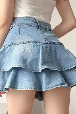 Style Core Aesthetics, New Style Trends - Layered Ruffled Denim Mini Skirt
