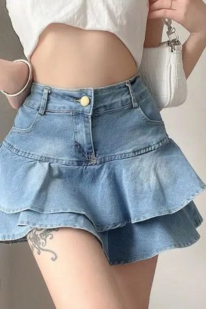Style Core Aesthetics, New Style Trends - Layered Ruffled Denim Mini Skirt
