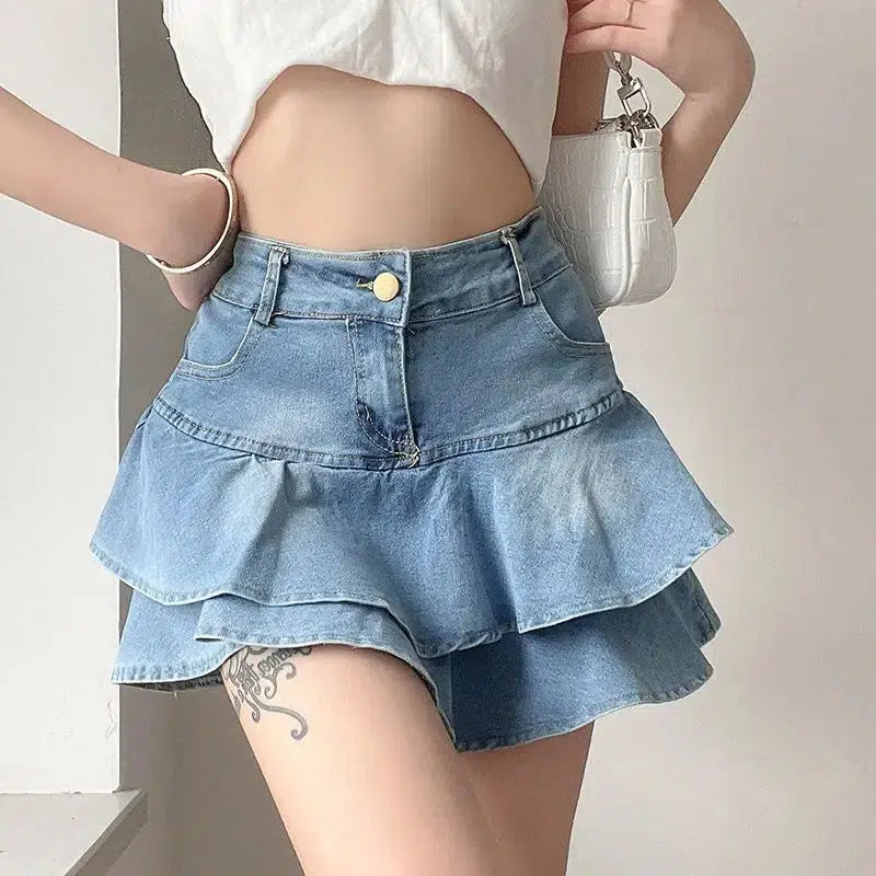 Style Core Aesthetics, New Style Trends - Layered Ruffled Denim Mini Skirt