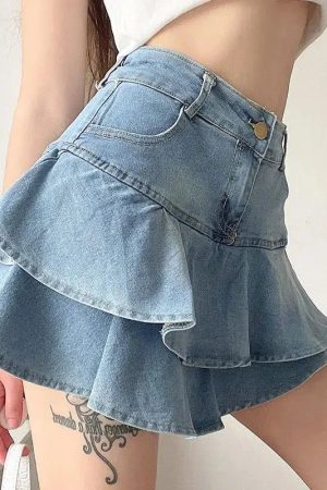 Style Core Aesthetics, New Style Trends - Layered Ruffled Denim Mini Skirt