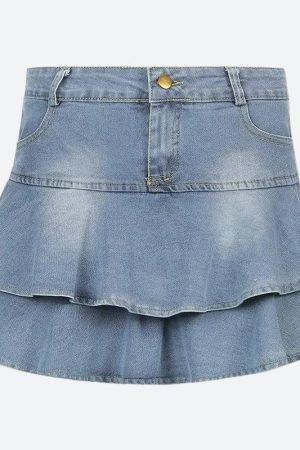 Style Core Aesthetics, New Style Trends - Layered Ruffled Denim Mini Skirt