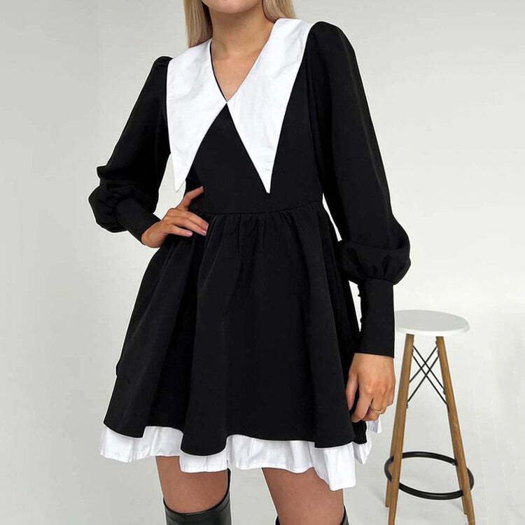 Style Core Aesthetics, New Style Trends - Like a Doll Black Collar Dress Style Core Aesthetics, New Style Trends - Like a Doll Black Collar Dress