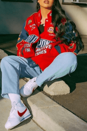 Style Core Aesthetics, New Style Trends - Logo Print Moto Varsity Jacket