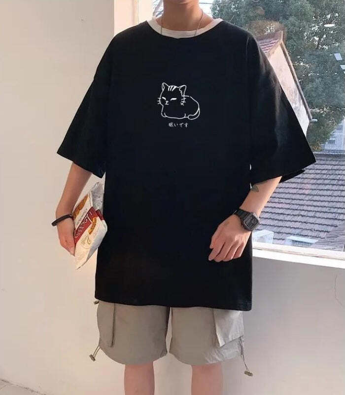 Style Core Aesthetics, New Style Trends - Lying Cat Drop Shoulder Tee Style Core Aesthetics, New Style Trends - Lying Cat Drop Shoulder Tee