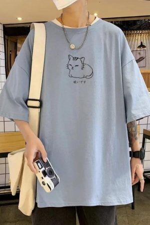 Style Core Aesthetics, New Style Trends - Lying Cat Drop Shoulder Tee