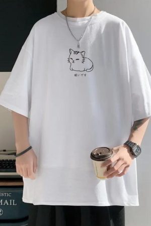 Style Core Aesthetics, New Style Trends - Lying Cat Drop Shoulder Tee